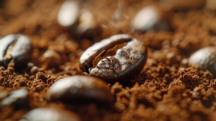 Poster - Macro photo fresh roasting coffee beans on ground brown warm toning : Generative AI