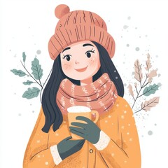 Aufkleber - With a snowy background and cute girl holding a cup, this illustration is modern in its flat style.