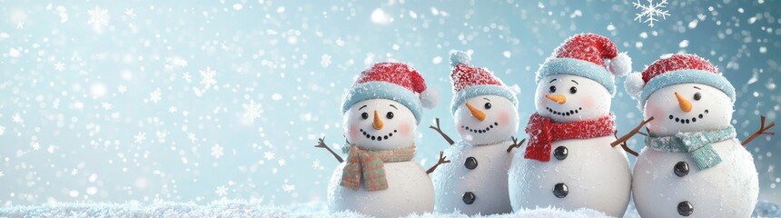Aufkleber - Winter landscape greeting card with copy space. Snowmen standing in the winter landscape. Winter background.