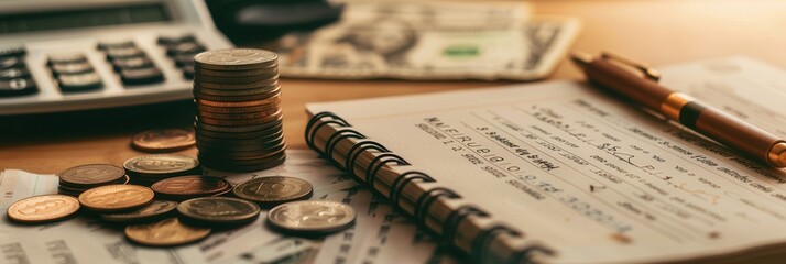 Aufkleber - A stack of cash, coins, and an open notebook with calculations and notes on a wooden desk suggest active personal finance management. Generative AI