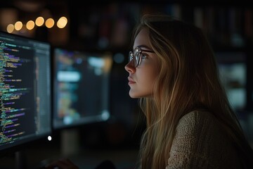 Aufkleber - Picture of an intelligent thinking guessing woman working in late evening shift instead of her colleague system administrator