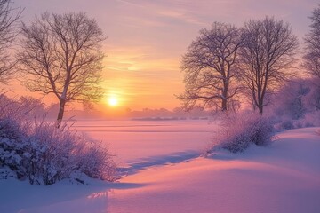 Poster - Sunrise over snow-covered fields in winter