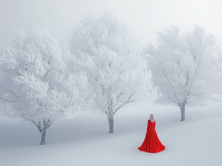 Unrecognizable person wearing red coat standing under snow-covered trees