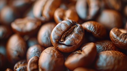 Poster - Close up of brown roasted coffee beans : Generative AI