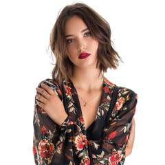 A young woman with brown hair and red lipstick, wearing a floral print blouse, looks directly at the camera.