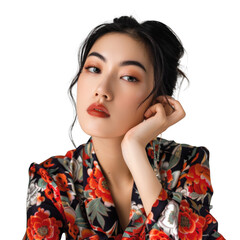 A young woman with dark hair and a floral print blouse poses with her hand on her chin.