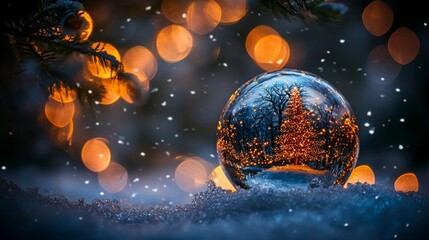 Poster - A Christmas glass ball with a tree inside on a winter background.