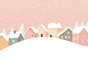 Wall Mural - Flat winter town with falling snow and mountains