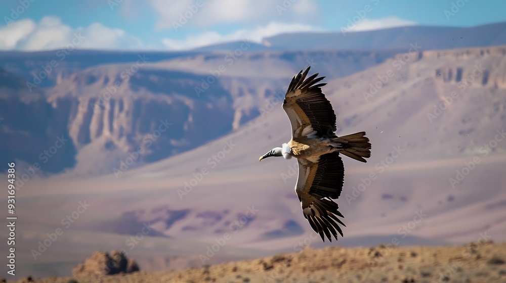 Vulture circling high above a desert landscape searching for its next ...