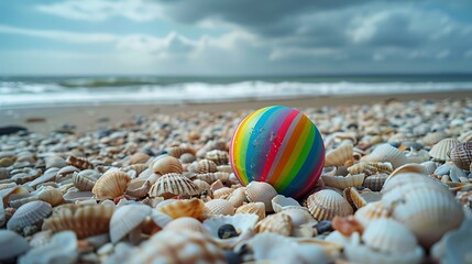 Wall Mural - lose up view of sandy beach with a multicoloured rainbow striped football on pile of seashells by waters edge of sea at low tide in the background