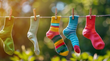 Lost socks hanging on a clothes line with clothespin missing sock match after washing memorial day