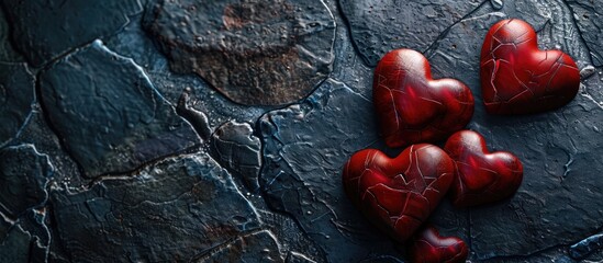 Poster - Hearts symbolizing Valentine s Day on a dark stone background. with copy space image. Place for adding text or design