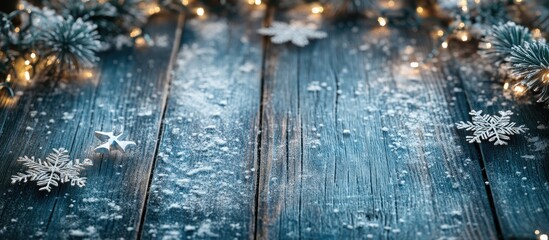 Aufkleber - Winter holiday background featuring a frame of decorations snowflakes and garland on a wooden surface with copyspace for congratulatory text