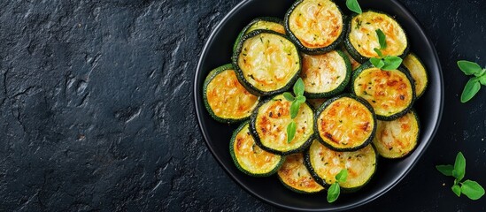 Fototapete - Fried zucchini on a plate against a black stone backdrop Top view flat lay. with copy space image. Place for adding text or design