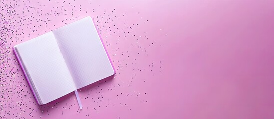 Poster - Purple stationery background Open diary notebook for kids with holographic sequins Hipster color trend Copyspace Flat lay