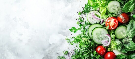 Poster - Healthy salad featuring a mix of greens including microgreens cucumber tomato onion and other ingredients Food background Copy space for text