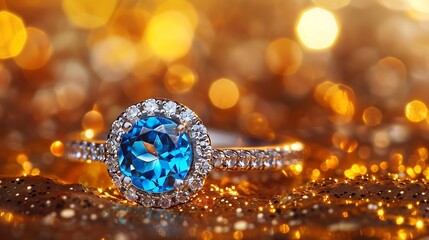 Wall Mural - beautiful  ring with big blue topaz and diamonds on golden jewelry background : Generative AI