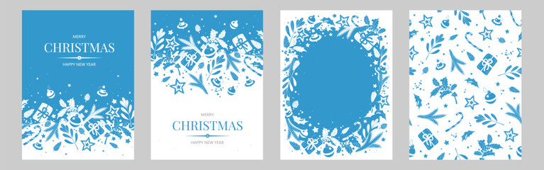 Wall Mural - Set of banners with white and blue Christmas symbols. Gifts, decor and branches of plants and trees. Winter background with place for text. Seamless pattern.
