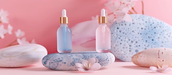 Poster - Glass bottles on stones against a pastel background Cosmetic container mockup with space for text The idea of natural cosmetics for skincare. with copy space image. Place for adding text or design