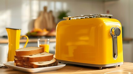 Modern yellow toaster with roasted bread slices on table closeup