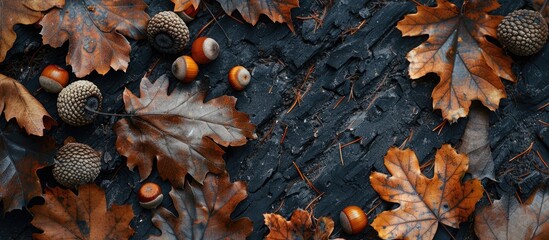 Poster - Autumn backdrop Dried oak leaves and acorns against a black background Top view Copy space