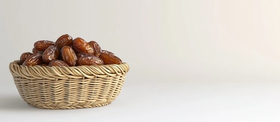 Fototapete - Close up of dates in a woven basket against a white background Ramadan theme. with copy space image. Place for adding text or design