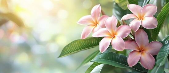 Aufkleber - Pink frangipani blossoms accompanied by green leaves and a blurred backdrop. with copy space image. Place for adding text or design