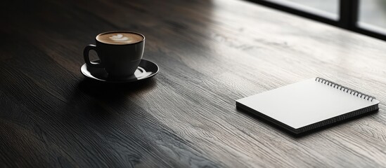 Poster - Wooden office desk of a business workspace featuring a notebook and a coffee cup with copyspace