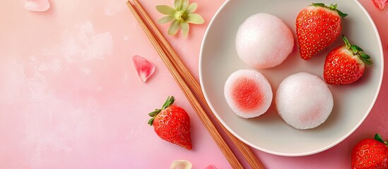 Leinwandbilder - Plate featuring tasty mochi strawberries and chopsticks on a colorful background. with copy space image. Place for adding text or design