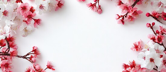 Pink and white cherry blossoms on a white background are arranged in a circular frame. with copy space image. Place for adding text or design