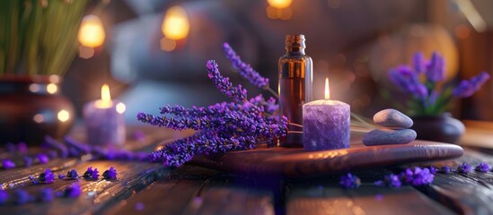 Poster - Lavender treatment on a wooden surface. with copy space image. Place for adding text or design