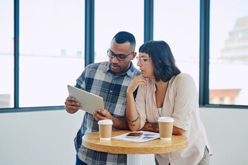Aufkleber - Coffee break, planning and group with tablet, business or conversation in workplace for advice. Coworkers, man and woman with technology, app or brainstorming with teamwork for research collaboration