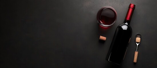 Poster - Red wine bottle corkscrew and glass Top view still life. with copy space image. Place for adding text or design
