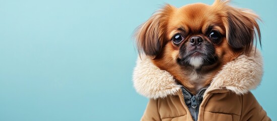 Aufkleber - Adorable Pekingese dog dressed in pet clothing on a light blue backdrop Area for text. with copy space image. Place for adding text or design