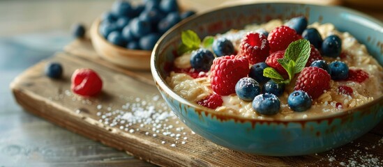 Poster - Morning ambiance Nutritious breakfast featuring porridge oatmeal pancakes an abundance of berries and snacks on a blue rustic backdrop. with copy space image. Place for adding text or design
