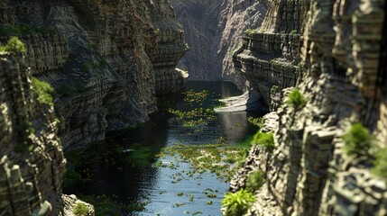 Sticker - 3D Illustration of a Lush Canyon with a Calm River