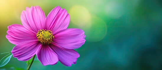 Fototapete - Beautiful pink blooming cosmos flower in macro Stunning close up of the flower Vibrant plant against a green background with copy space featuring vivid petals Prominent pistil and stamens