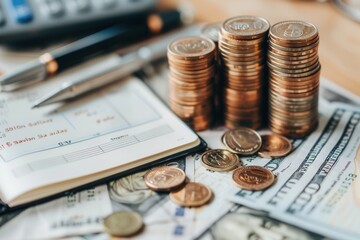 Aufkleber - A stack of cash and coins sits beside an open notebook filled with financial calculations and notes on a wooden table. Generative AI