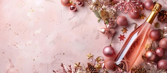 Aufkleber - Christmas or New Year pink backdrop featuring a bottle of sparkling wine rose champagne and gold decorations viewed from above. with copy space image. Place for adding text or design