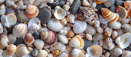 Poster - A border of pink seashells and sea pebbles on a white background Ocean pattern top view. with copy space image. Place for adding text or design