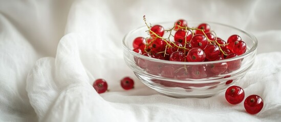 Poster - Red currants in a glass bowl on a white tablecloth with copy space selected soft focus and a narrow depth of field