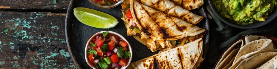 Wall Mural - Mini Homemade Chicken Quesadillas served with Fresh Salsa and Guacamole