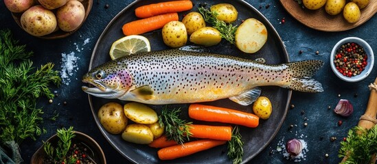 Poster - Modern style traditional steamed rainbow trout with boiled potatoes and carrot slices presented from a top view on a decorative plate with copy space