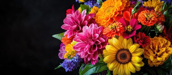 Aufkleber - A summer bouquet featuring dahlias zinnias and sunflowers with copy space