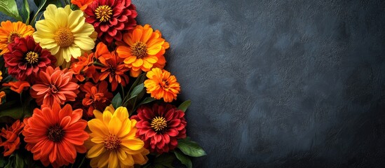 Aufkleber - A summer bouquet featuring dahlias zinnias and sunflowers with copy space