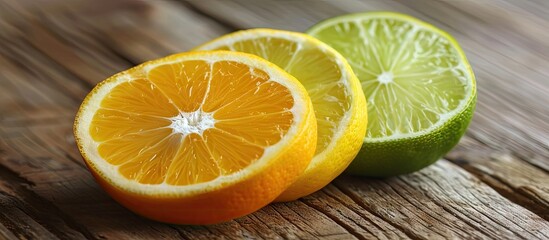 Aufkleber - Lemon lime and tangerine on a wooden table close up. with copy space image. Place for adding text or design