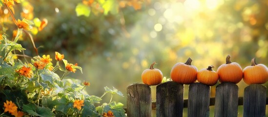 Fototapete - Small pumpkins placed on a fence in the autumn season. with copy space image. Place for adding text or design