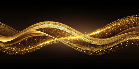 Banner. Sparkling luxury gold waves on the black brown background. Premium design for wallpaper or poster.