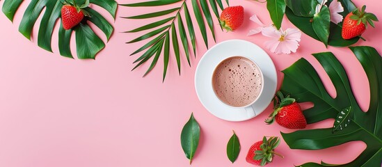 Poster - Blank space for text coffee and palm leaves strawberry gift on a pink background Top view flat lay copyspace available