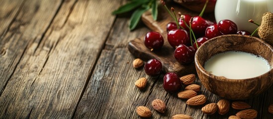 Leinwandbilder - Nutritious breakfast featuring cherries almonds and milk on a wooden surface. with copy space image. Place for adding text or design
